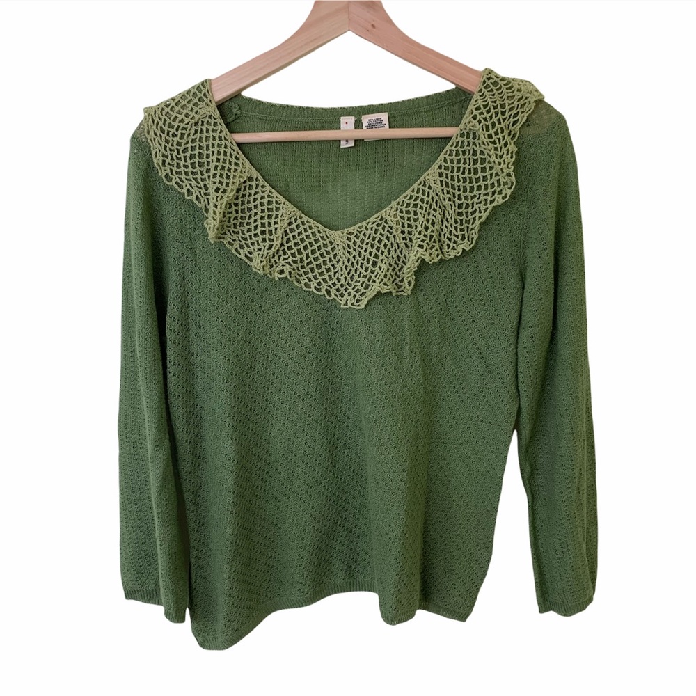 Anthropologie MOTH Green Linen Collared Sweater in Size Large | Moth Sweater